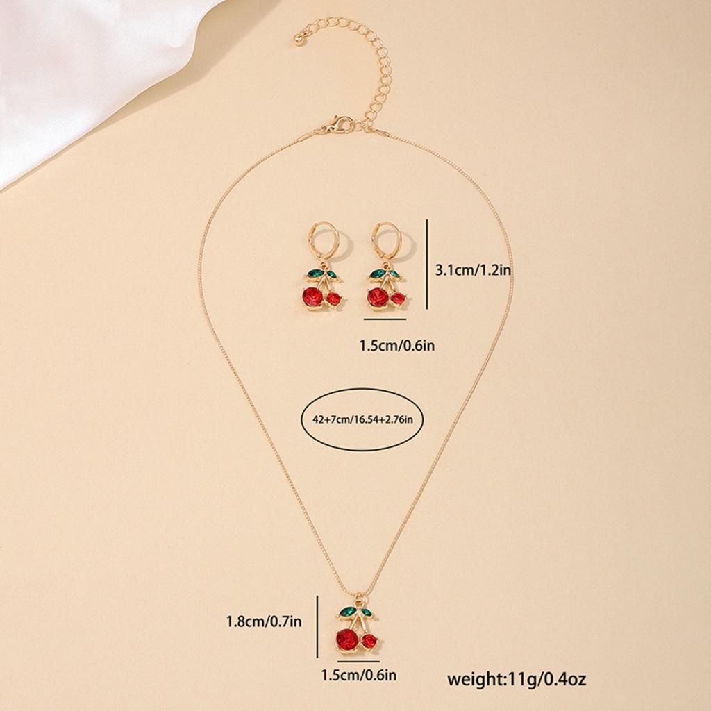 3PCS Cute Cherry Zircon Set Hypoallergenic Necklace and Eearrings Daily & Gift for Women