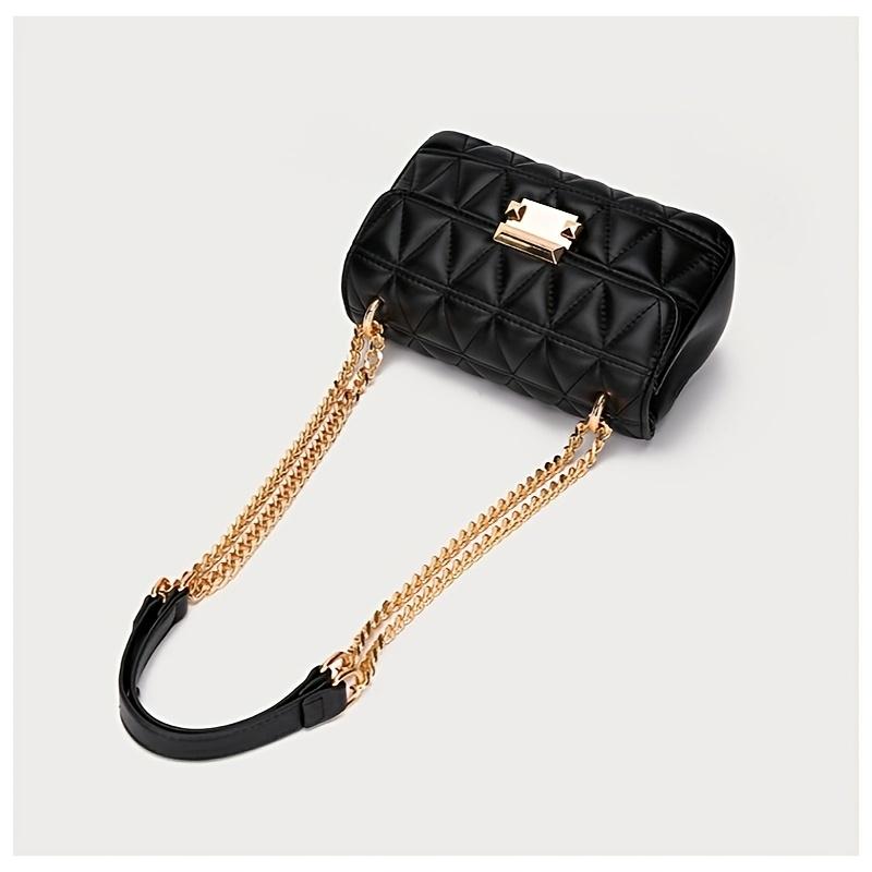 Chic Quilted Diamond Chain Crossbody Bag for Women Elegant Purse with Golden-Tone Hardware, Black, Retro Style, Fixed Shoulder Strap, Embossed Design