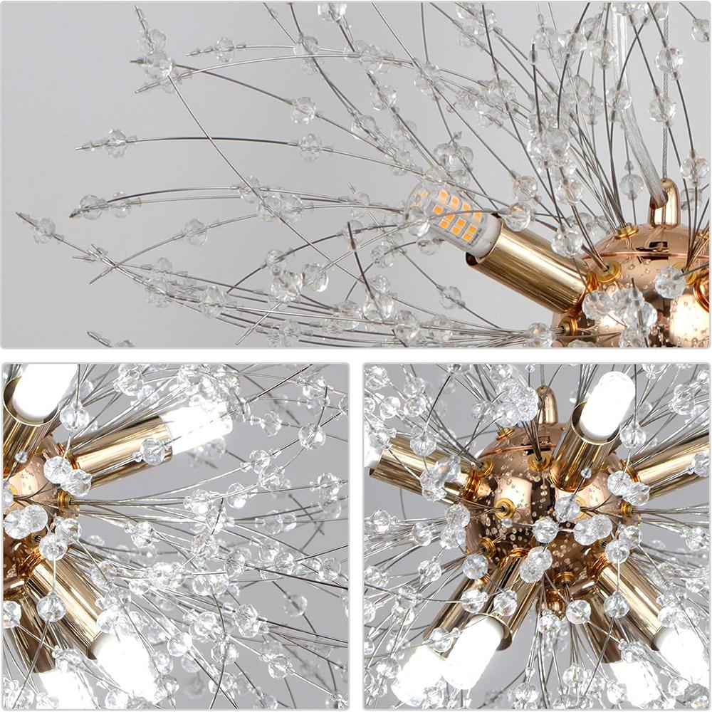Lustre Moderno Dourado 9 Luzes Fogos de Artifício Sputnik Luz de Teto Cristal Dente-de-leão Luz Pendente para Quarto, Sala de Estar, Sala de Jantar, Cozinha, Corredor