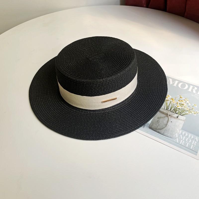 Luxury Elegant Women Summer Straw Hat Flat Top Boater Cap Folds Silk Pearl Decor Hand Weave Wide Brim Sun Hat Panama Fedora