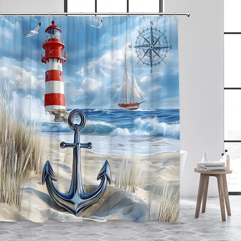 Blue Ocean Lighthouse Shower Curtains Vintage Boat Seagull Sea Waves Watercolour Art Modern Bathroom Curtain Decor With Hooks