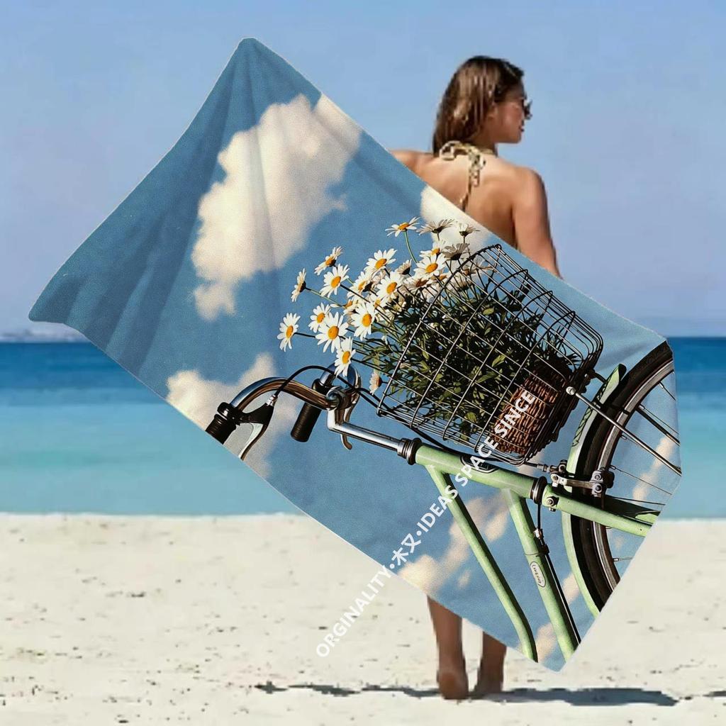 Vintage Daisy Bike Beach Towel Patterned Sunscreen And Windproof Suitable For Swimming Pool Camping Travel Blanket