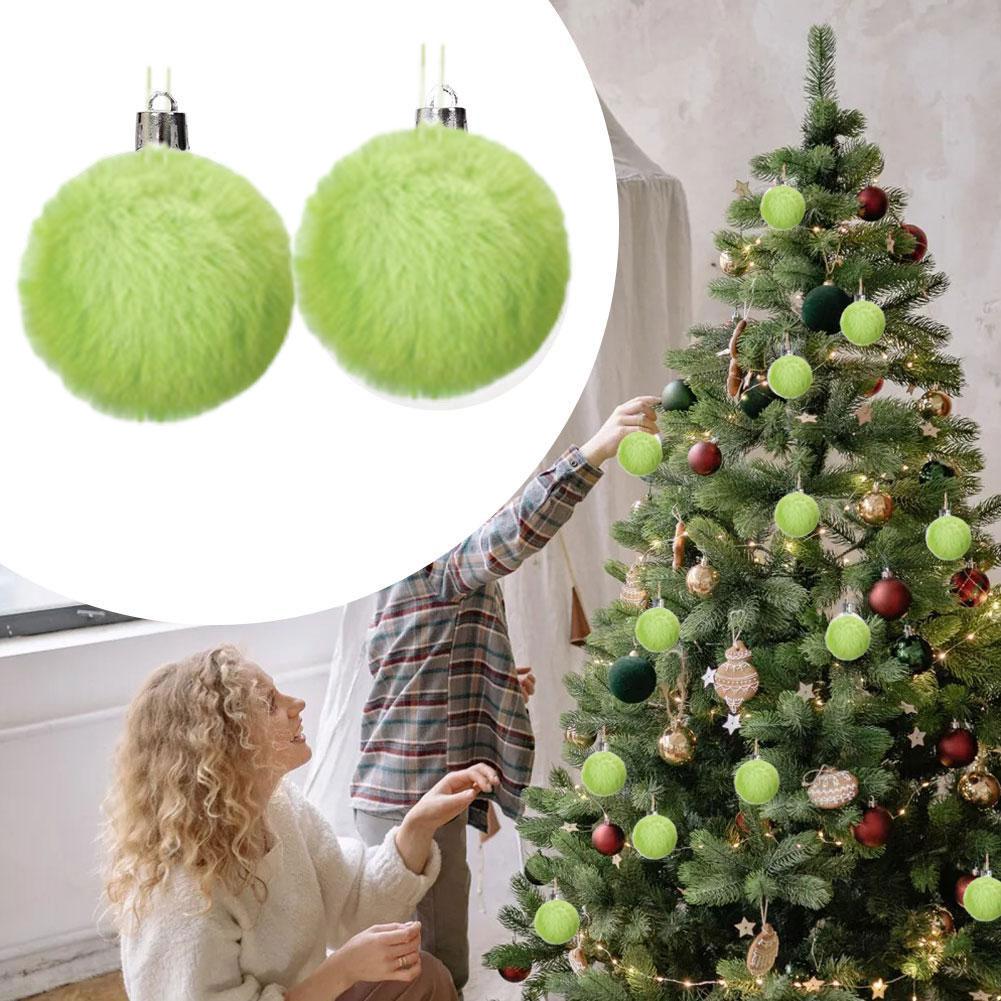 12PCS Plush Christmas Ball Decoration Lime Green Furry Christmas Ball Ornaments Furry Elf Ornaments Christmas Hanging Decor