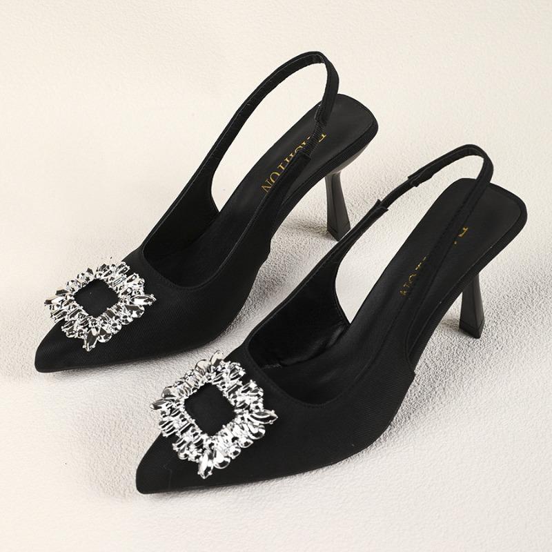 Pointed-toe Square Buckle Rhinestone Shoes Empty Single Shoes Women's Toe Cap Thin Heels, Fashion Sandals