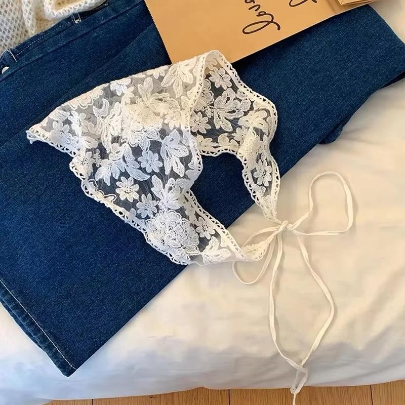 White Woven Floral Lace Hair Scarf Wraps Women Retro Triangle Headscarf Hat Travel Photo Headband Hair Accessories French Style