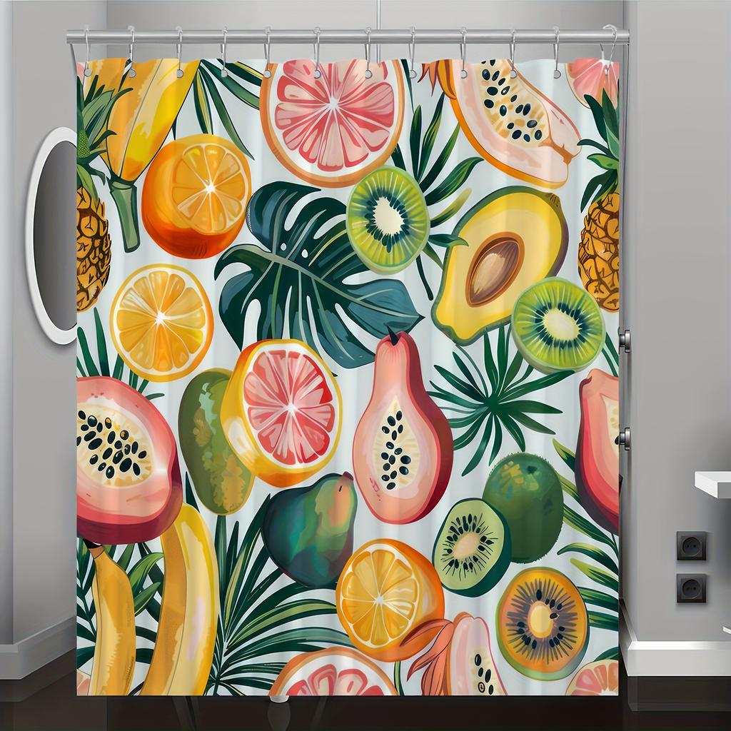 Tropical Fruit Green Leaf Digital Print Shower Curtain, Machine Washable, Reversible All-Season Polyester Bathroom Decor