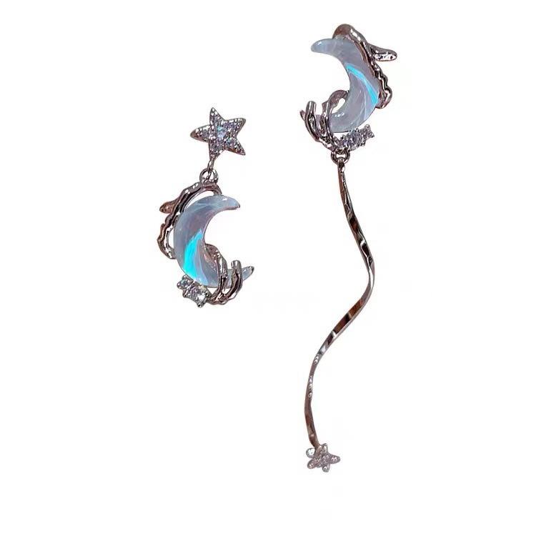 Star And Moon Tassel Earrings Niche Light Luxury Earrings Asymmetrical Unique Design Earrings