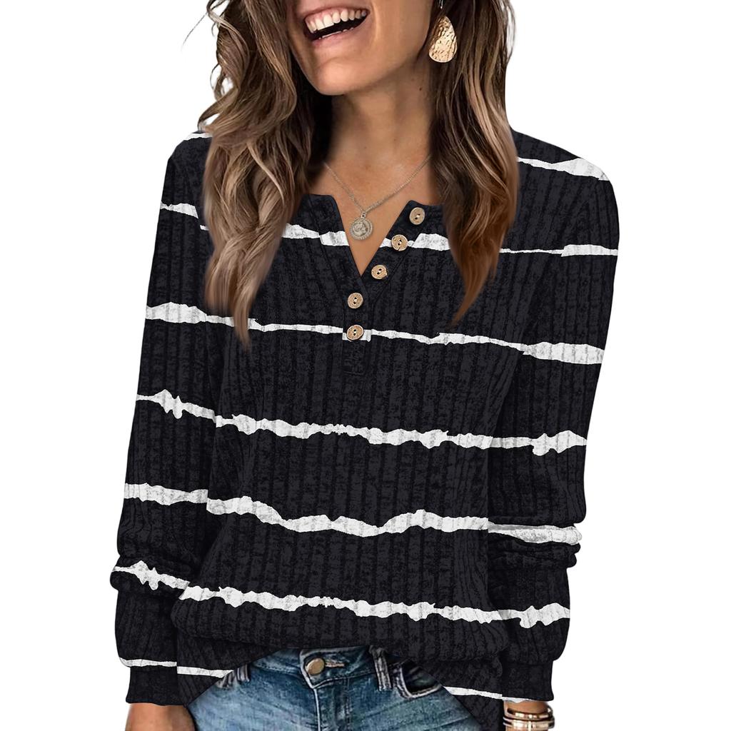 Women's Fashion V-Neck Button-Up T-Shirt With Patchwork Print Long-Sleeved Top