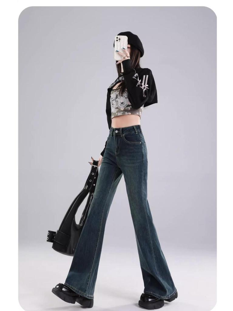 2025 Damen High-Waist Slimming Micro-Flare Jeans mit Samt, Retro-Stil für Frühling, Herbst und Winter
