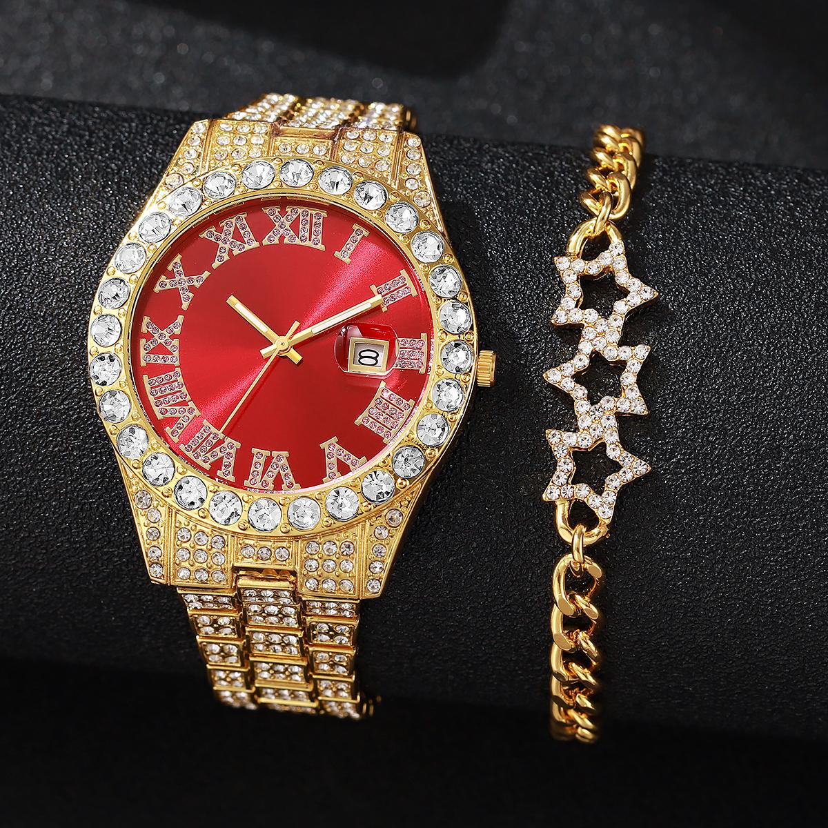 

New style exquisite fashionable and trendy diamond-encrusted high-end light luxury daily men s watch and bracelet two-piece set красный