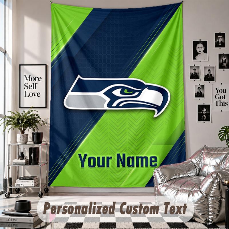 Wall Hanging Tapestry With Custom Name & Text, Seattle Seahawks Decorative Tapestry For Bedroom