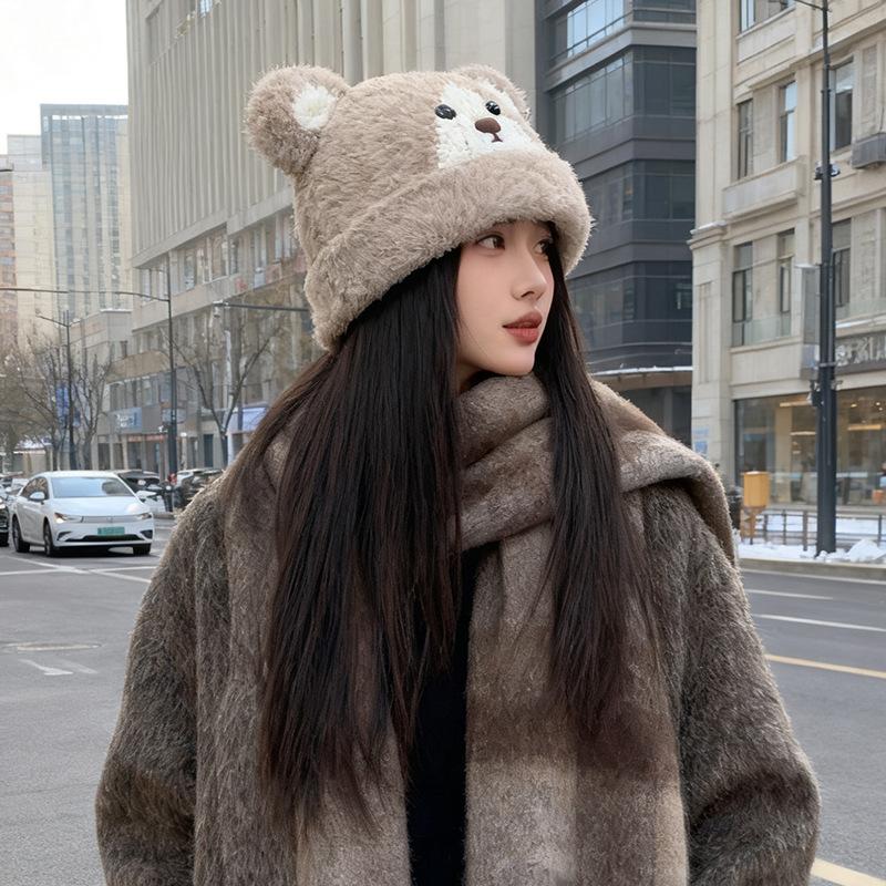 

Winter New Sweet Plush Bear Hat for Women Thickened Warm Ear Protection Knitted Hat Showing Face Little Cute Pullover Hat M（56-58cm）