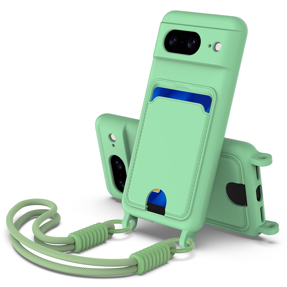

For Google Pixel 8 Liquid Silicone Case Phone Back Cover with Card Holder and Short Strap Green