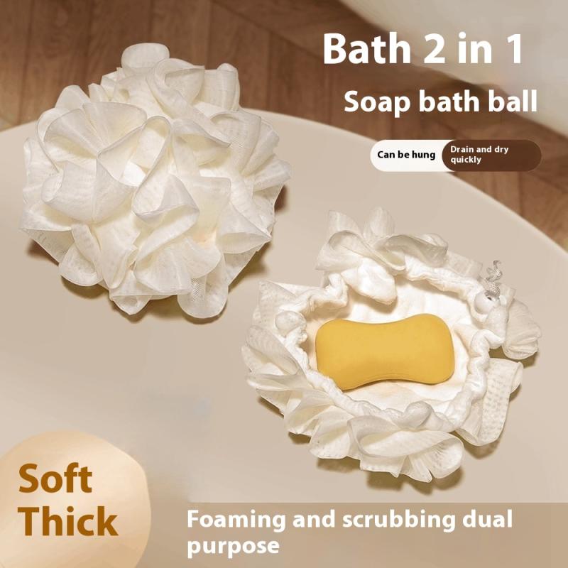 2-In-1 Bath Ball Towel Loofah With Drawstring Closure For Soap Soft Exfoliating Mesh Shower Sponge Skin Care Bathing Tool