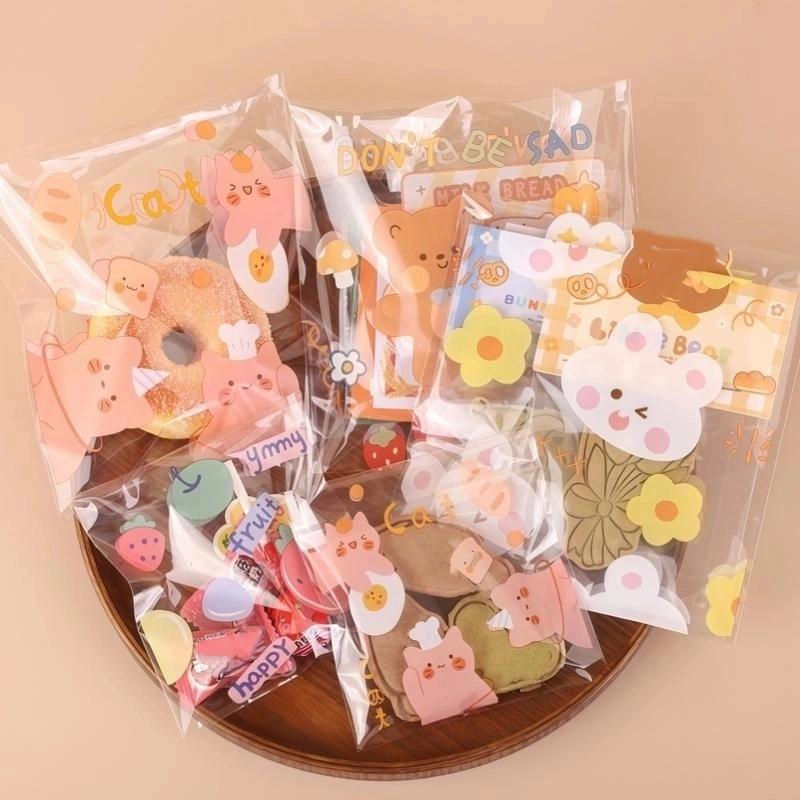 50/100 Pcs Cartoon Pattern Plastic Self-Adhesive Candy Bags Cookie Donut Bread Pastry Bag Food Packaging Resealable Gift Bag