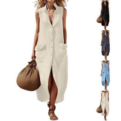 Vestido de Lino de Moda para Mujer, Falda Larga Botonada sin Mangas para Mujer, Falda Solar Casual de Flores para Playa y Vacaciones con Bolsillos
