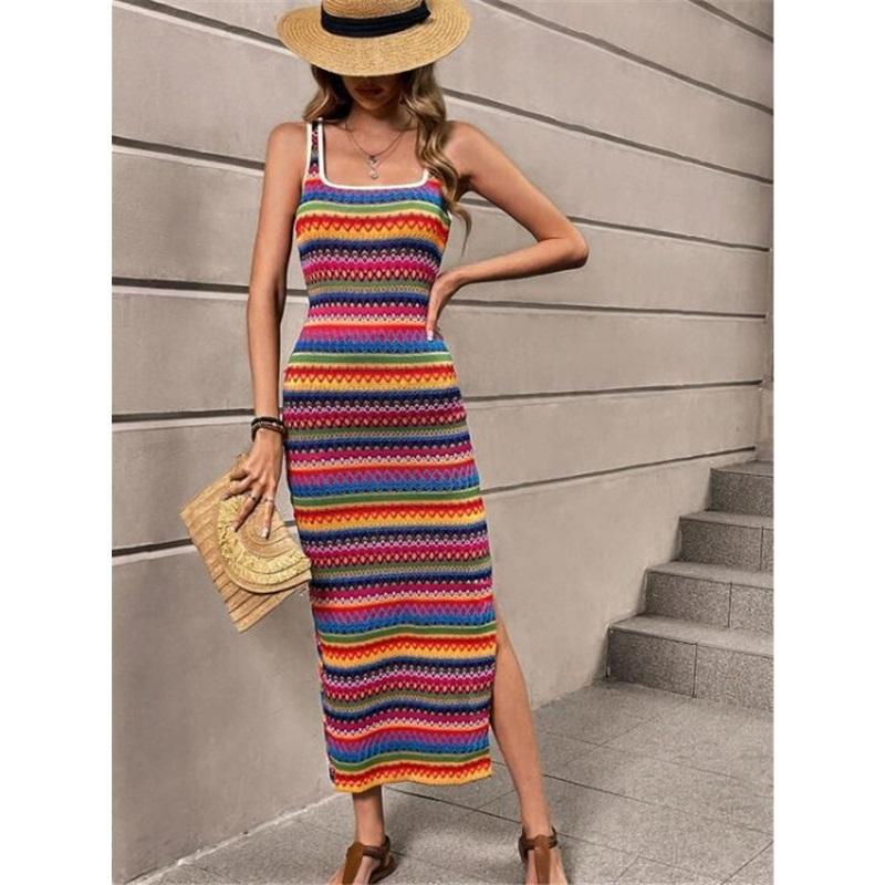 

Уличная мода повседневное полосатое платье без рукавов с квадратным воротником для женщин M разноцветный