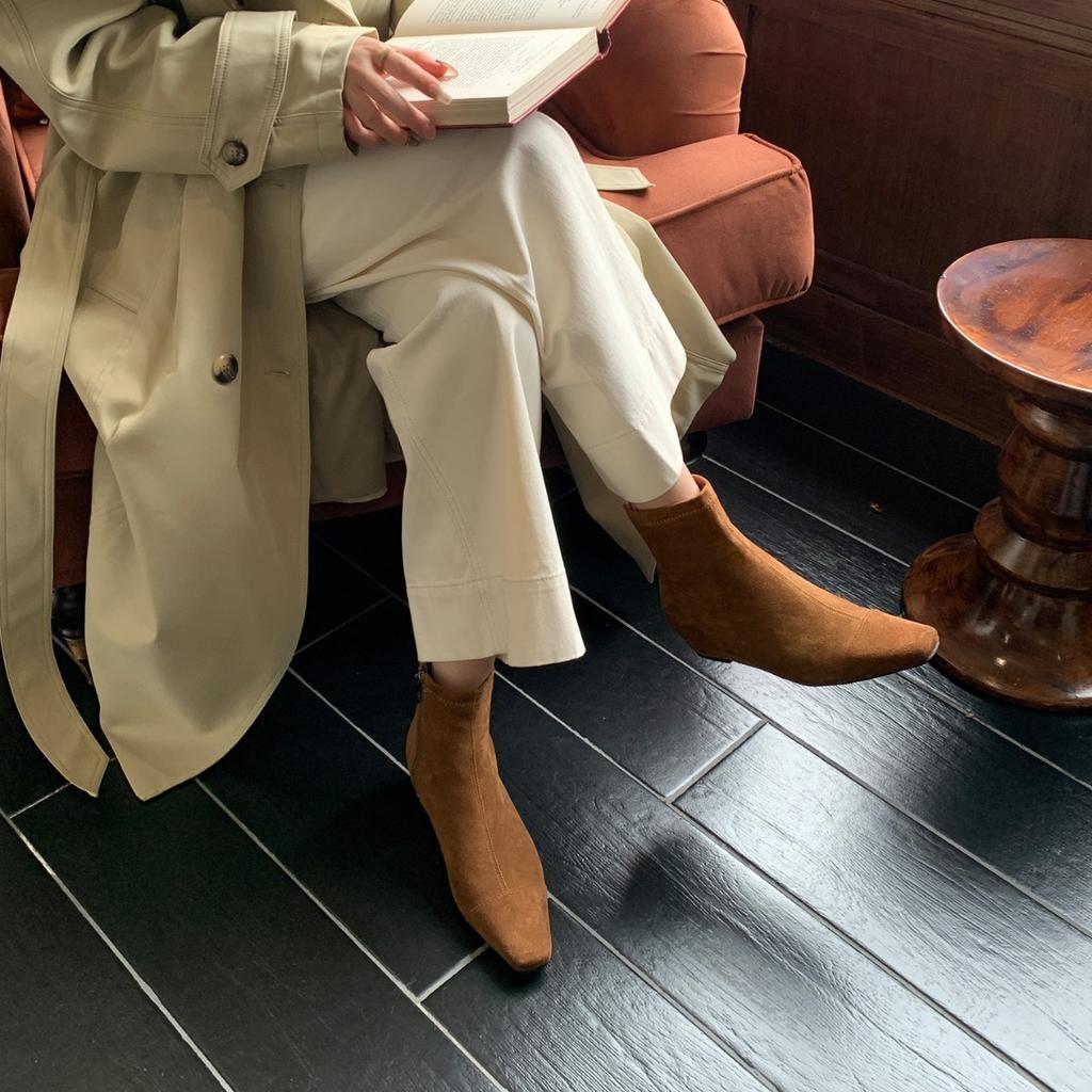 2025 Autumn New Square Head Inner Slope Heel Suede Thin Chelsea Martin Women's Short Boots Spice Girls Naked Boots