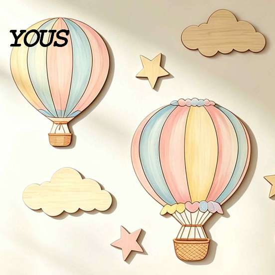 Kids Room Aesthetic Wall Decor 9 Pcs Hot Air Balloon Nursery Decor, Boho Wooden Art Sign, Modern for Cute Balloons Stars Clouds Baby Shower Decoration