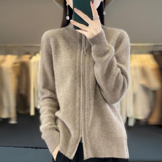 Women Knitted Sweater Coat High Collar Long Sleeve Double Zipper Placket