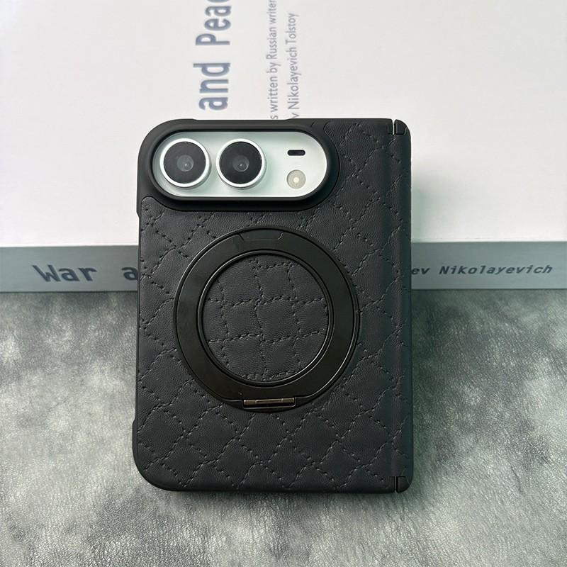 IPhone 18 Duo Foldable Phone Case With 360 Rotating Stand Magnetic Mid-Hinge Full-Body Leather Cover Anti-Drop Protection