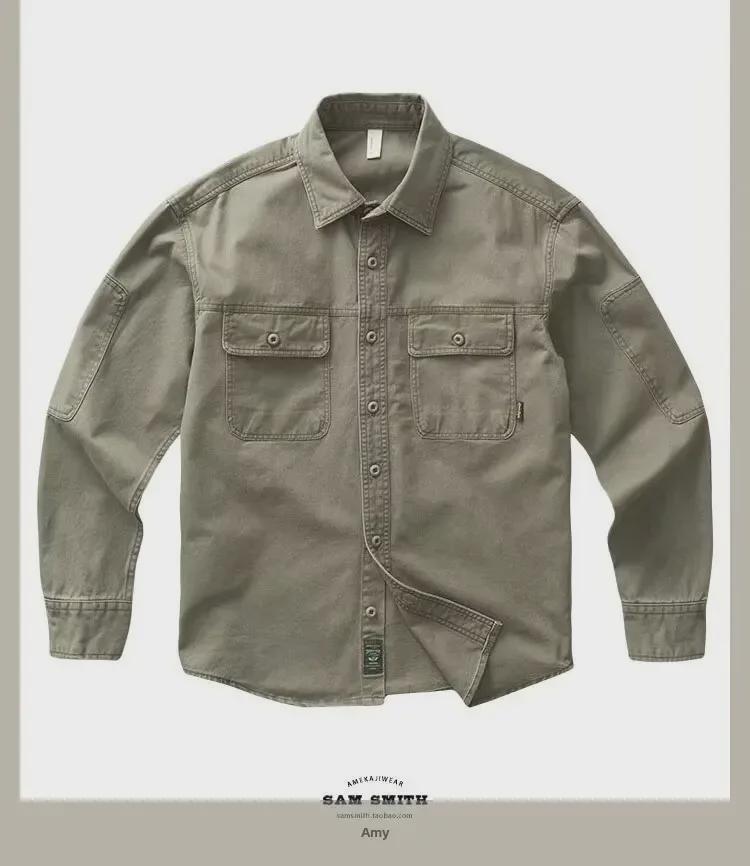 Shawn Yue Men's Japanese Style Workwear Shirt - Long Sleeve, Loose Fit, Washed Casual Jacket for Spring and Autumn