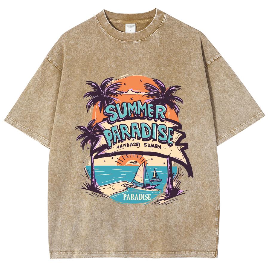 American Vintage Kokospalmenstrand-Print Damen T-Shirt Unisex Übergroß Locker Waschung Kurzarm Basic Oberteil T-Shirt