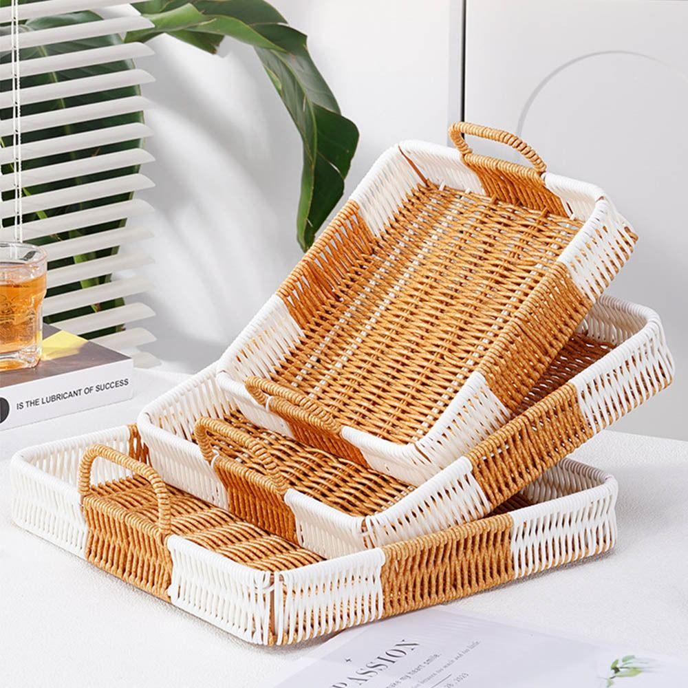 With Handles Woven Serving Tray Washable Imitation Rattan Fruit Plate  Kitchen Storage