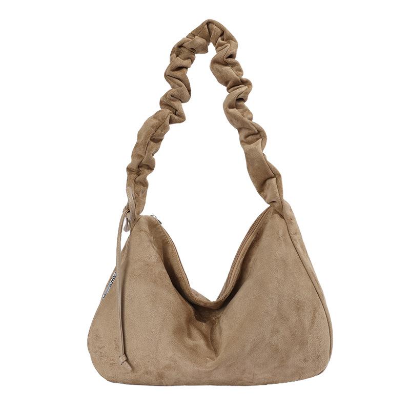 Korean retro single shoulder bag for women, lazy style, deerskin fleece drawstring shoulder strap, crossbody bag, large capacity underarm commuter bag