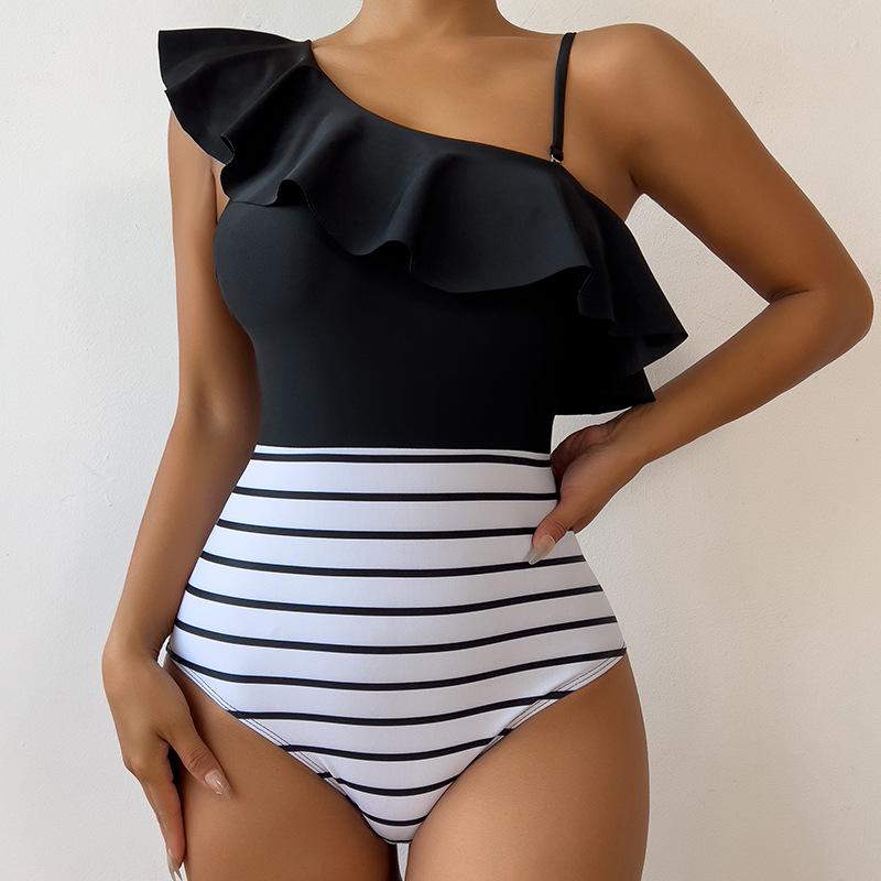 

2025 Elegant Striped High-Waisted One-Piece Swimsuit: Sexy yet Conservative Bikini L