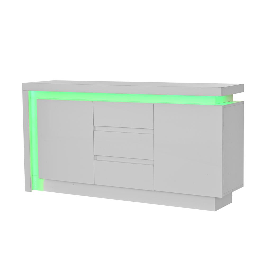Credenza 140*35*72cm, Cassettiera per Camera da Letto, Soggiorno, con 3 Cassetti, Ripiani Regolabili e 2 Ante, Mobile Laccato Lucido con LED, Bianco
