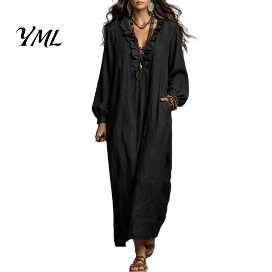 Casual Midi Dress Women Ruffle V Neck Long Dress, Loose Fit Dresses Solid Color Sleeves for Spring Autumn