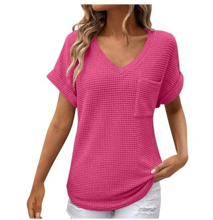 VEZFAA Damenmode, lässig, Sommer, Frühling, einfarbig, bedruckt, kurzärmelig, V-Ausschnitt, Blusen und Hemden