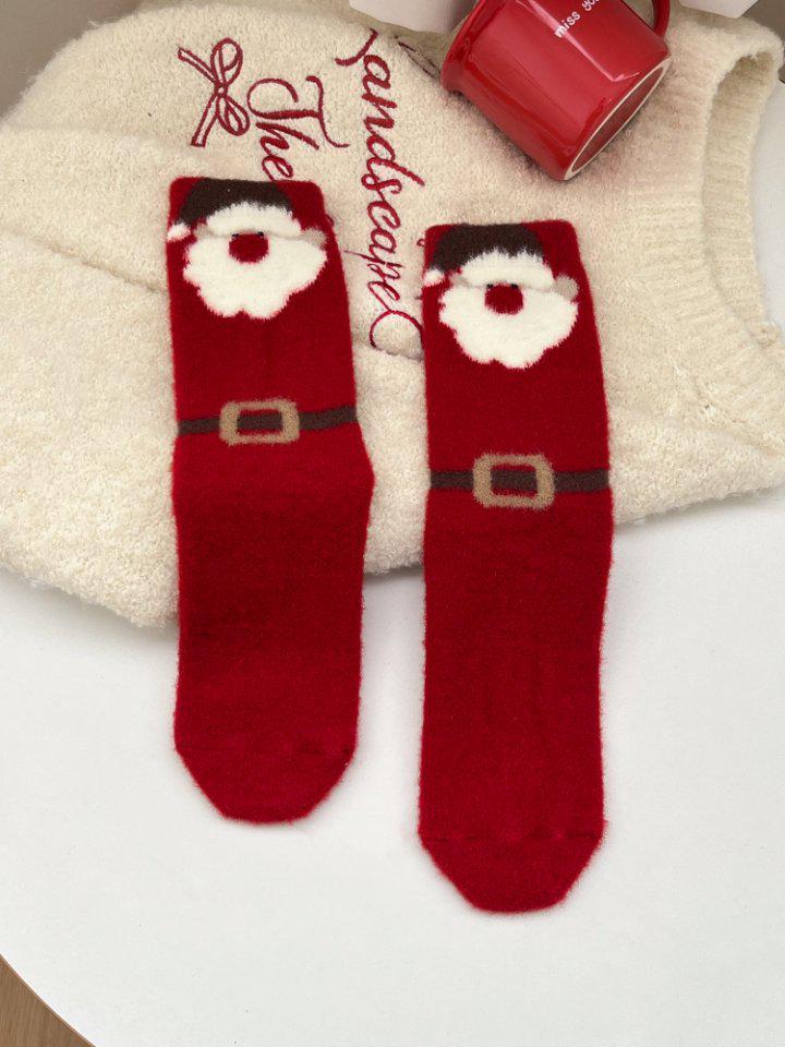 Women's Mid-Calf Christmas Stockings - Plush, Warm, Red Australian Wool, Cute Cartoon, Thick, Non-Shedding, Over-the-Knee Sleep Socks