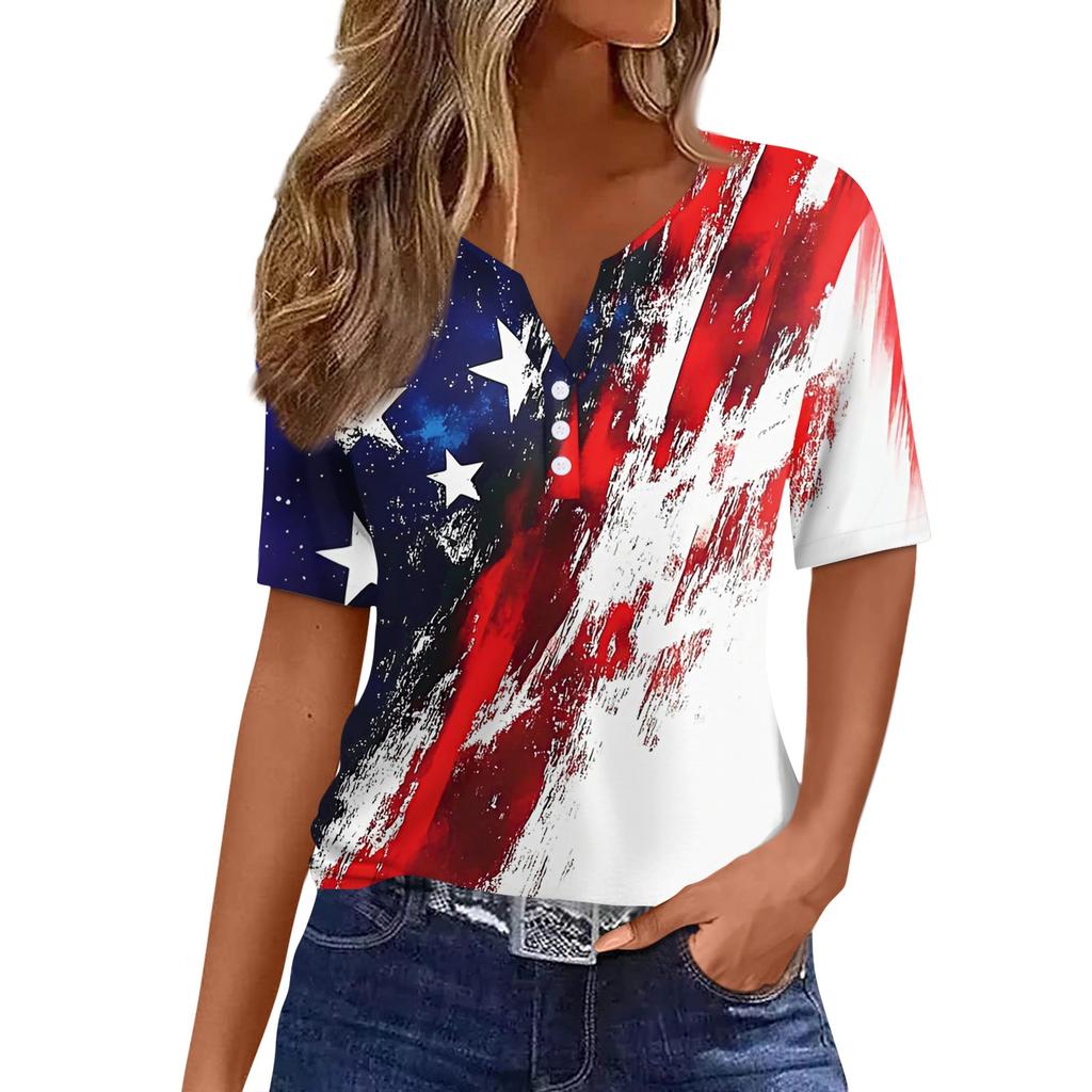 Women's T Shirt Independence Day Print Button Short Sleeve Daily Weekend Fashion Basic V- Neck Regular Top