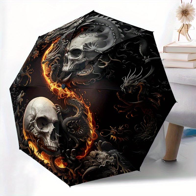 

1pc Black Dragon Flame Tai Chi Skull Utomatic Folding Umbrella: Compact 8-rib Design for Outdoor Daily Compact Umbrella And Fe (as the picture,Iron&8K)