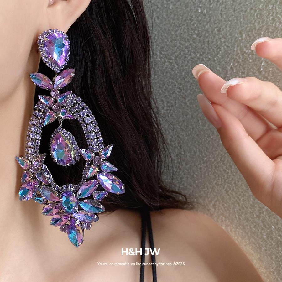 Silver Needle Diamond Oval Water Drop Earrings Light Luxury Premium Earrings Popular Fashion Exaggerated Trend Earrings Women