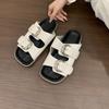 French casual belt buckle thick-soled cloth-covered cool slippers summer retro outer wear open-toed flat-bottomed casual one-word slippers