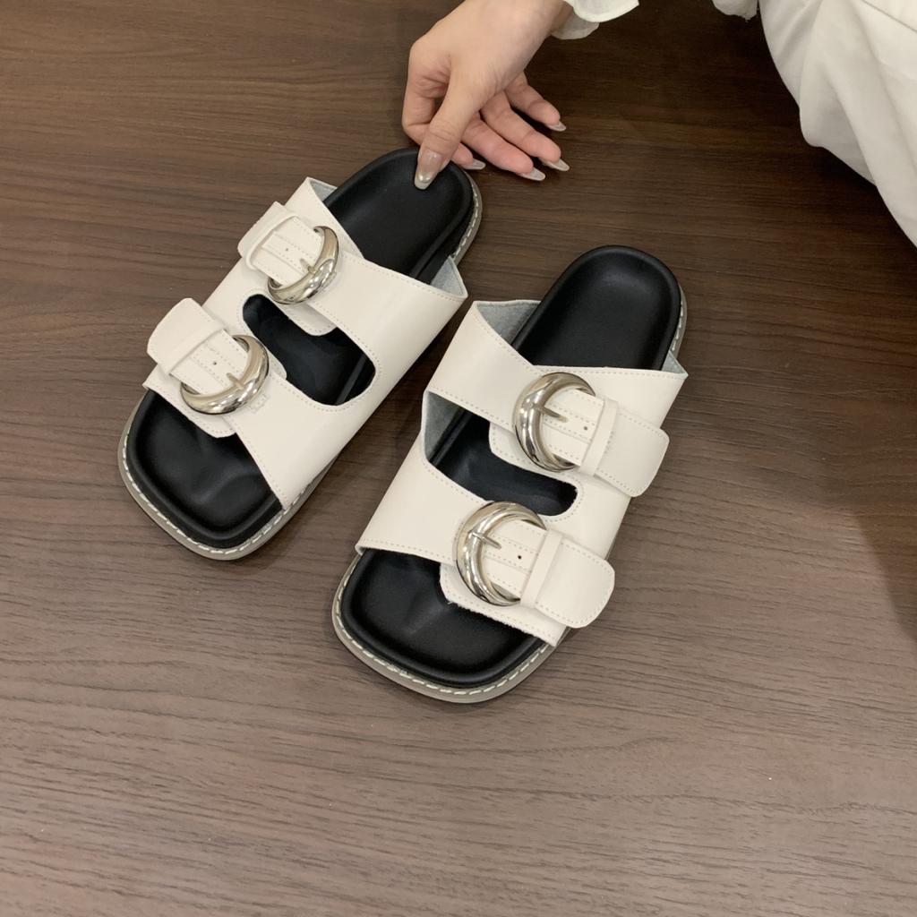 French casual belt buckle thick-soled cloth-covered cool slippers summer retro outer wear open-toed flat-bottomed casual one-word slippers