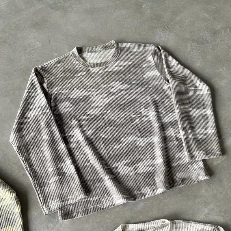 FlowStreet Moda Retrò Camouflage Stile di Strada Girocollo Ampio Pullover T-shirt Top Casual Hiphop Rock High-street Manica Lunga T-shirt Top