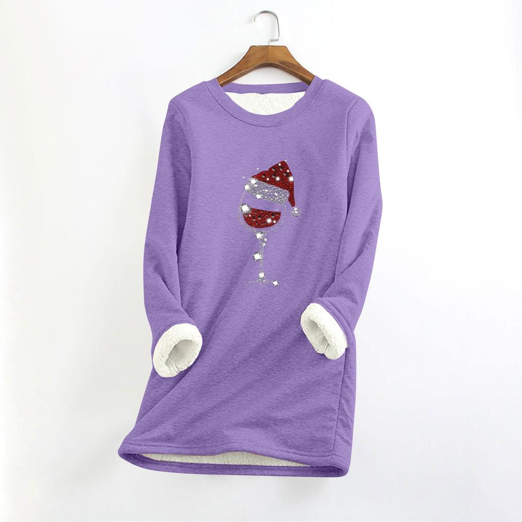 Top longo feminino com decote redondo e manga comprida, estampa de natal, grosso, pelúcia, cashmere, quente