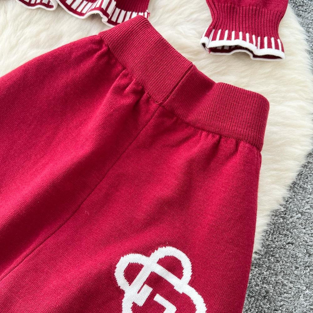 Höst Vinter Dam Casual Stickad Tröja Byxa Tvådelat Set Helärmad Pullover Toppar och Vida Ben Byxor Träningsoverall