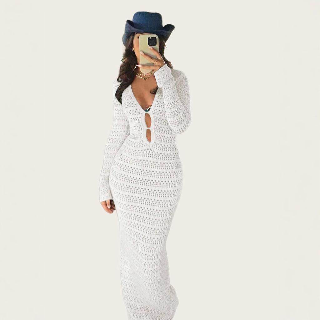 New Knitted Long-sleeved Beach Skirt Sexy Pure Style Hollow Casual Seaside Vacation Shirt Dress