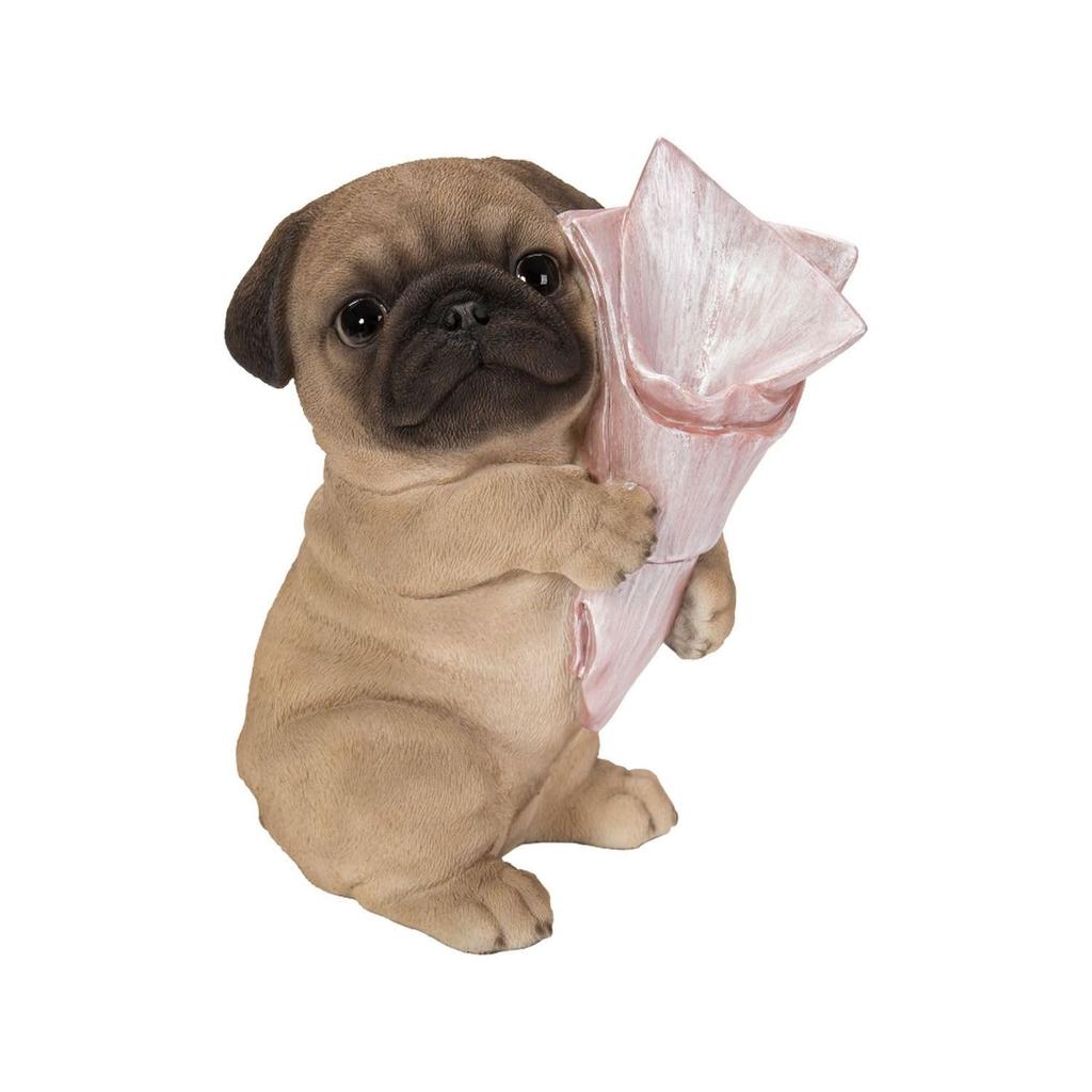 Ubia Pug Holding a Bouquet In a Vase, 15 X 10 X 17 Cm, Figurine, Animal, Garden Decor, Dog, H22154-3