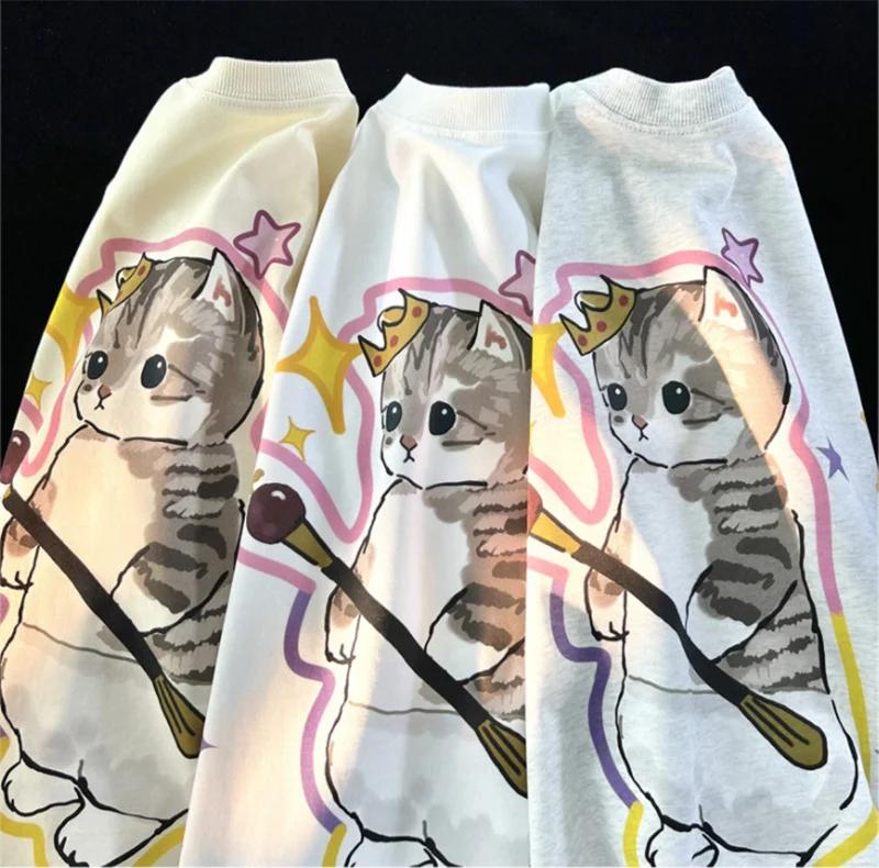 Funny Cat Printed T Shirt Harajuku T-Shirt Neutral Streetwear Japanese Kanji Female Tees Cute Tops Casual Short Sleeve Tshirt
