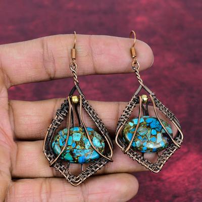 Серьги с драгоценным камнем Хризоколлой из меди Украшения, обернутые медной проволокой Изящная серьга