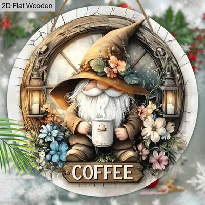 Placă de lemn cu Cacao Fierbinte de Crăciun cu Tematică de Cafea - Placă Rotundă Caldă de Iarnă Navidad cu Model de Gnom - Ideală pentru Ușa de Intrare, Decor de Perete
