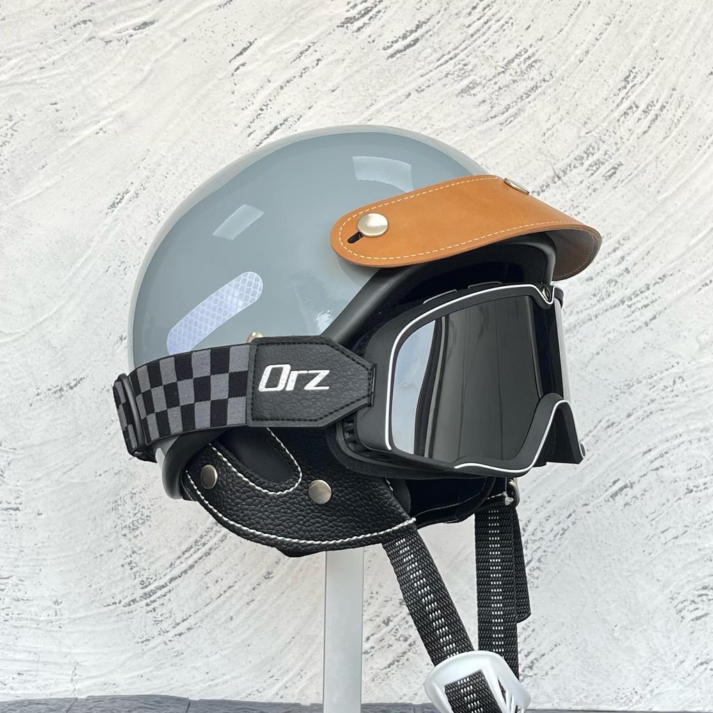 ORZ-Vintage 3/4 Scooter Helmet with Goggles Kit Windproof Anti UV Open Face Motorbike Helmet Unisex Street Riding Protection