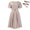 Women's summer fashion bubble sleeves elegant high waist solid color round neck large skirt dress