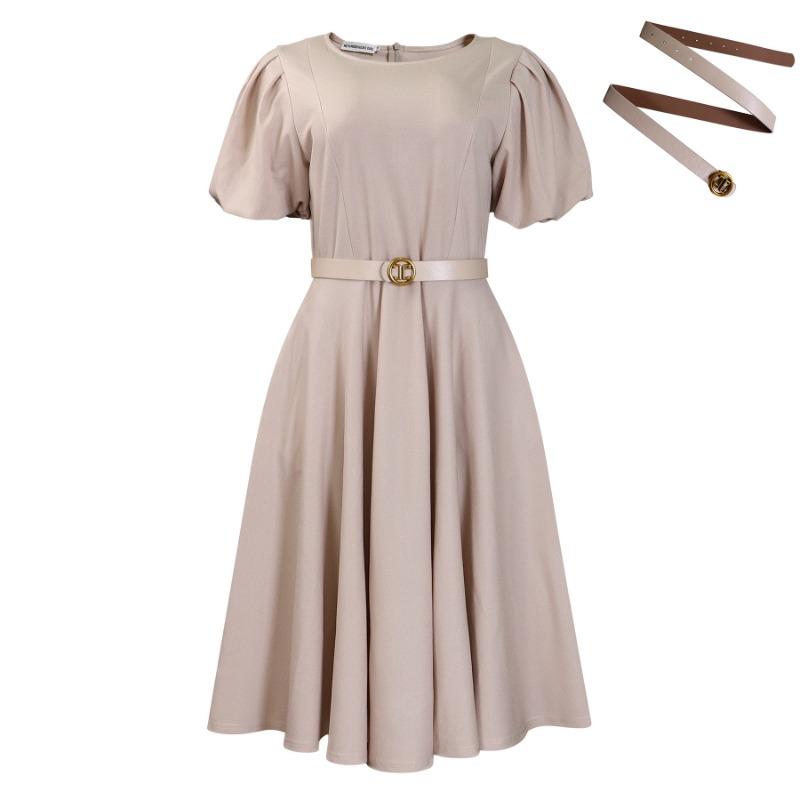 Women's summer fashion bubble sleeves elegant high waist solid color round neck large skirt dress